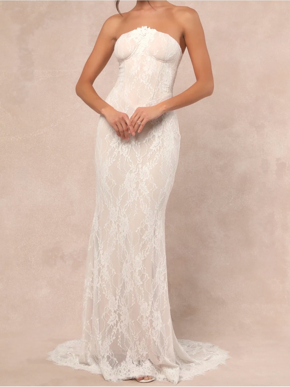 Lulu’s Valeria White Lace Strapless Bustier Maxi Dress